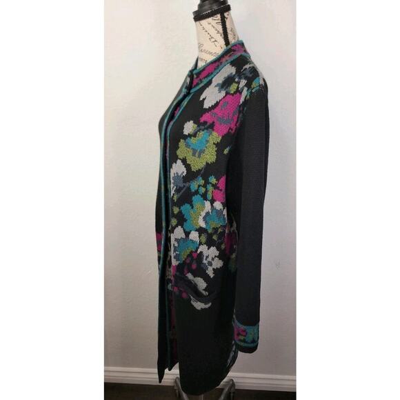J. JILL Tapestry Knit Cardigan Womens Sz Large Long Duster Artsy Black Floral - Picture 4 of 10